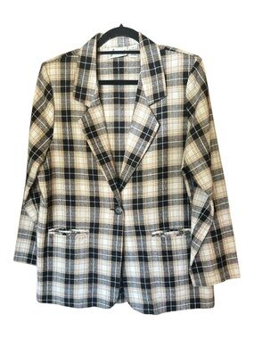 Vintage Plaid Single-Button Blazer Jacket - Black,Cream & Tan
